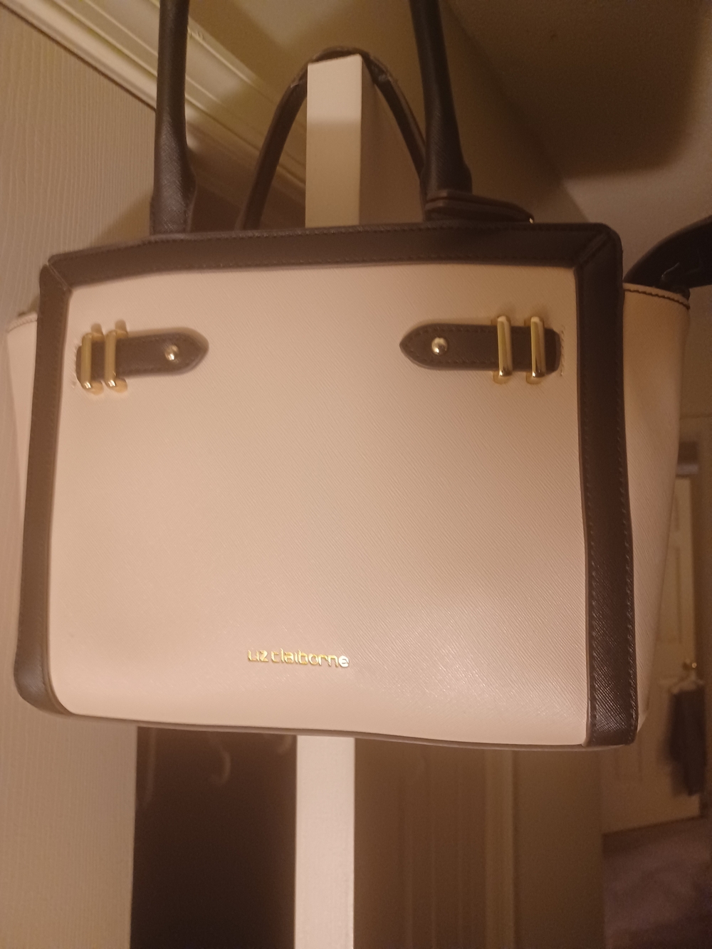 Liz Claiborne Cream and Brown Structured Satchel with Gold Hardware